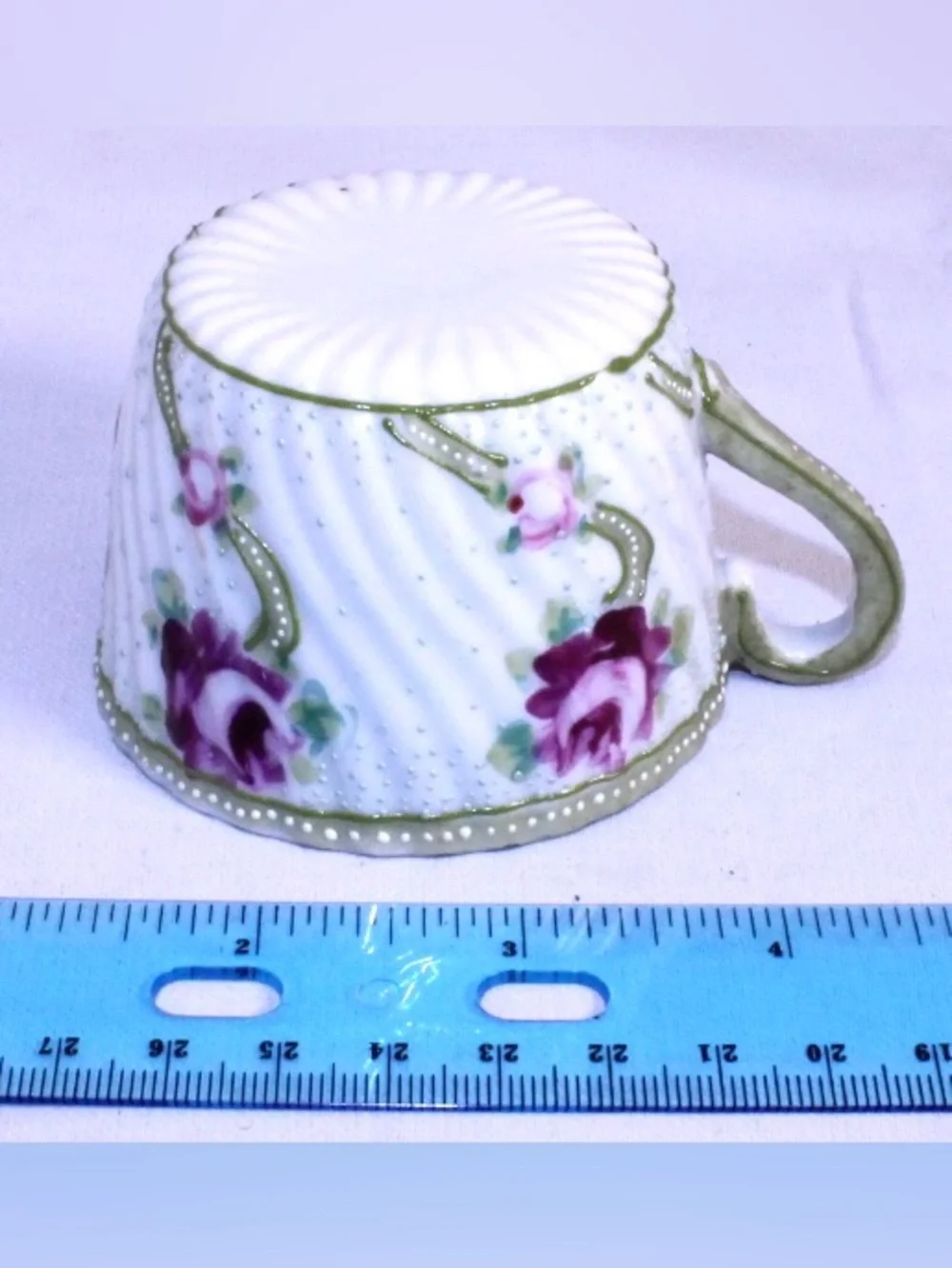 Vintage Hand-Painted Floral Teacup with Pink/Purple Roses - Green Trim